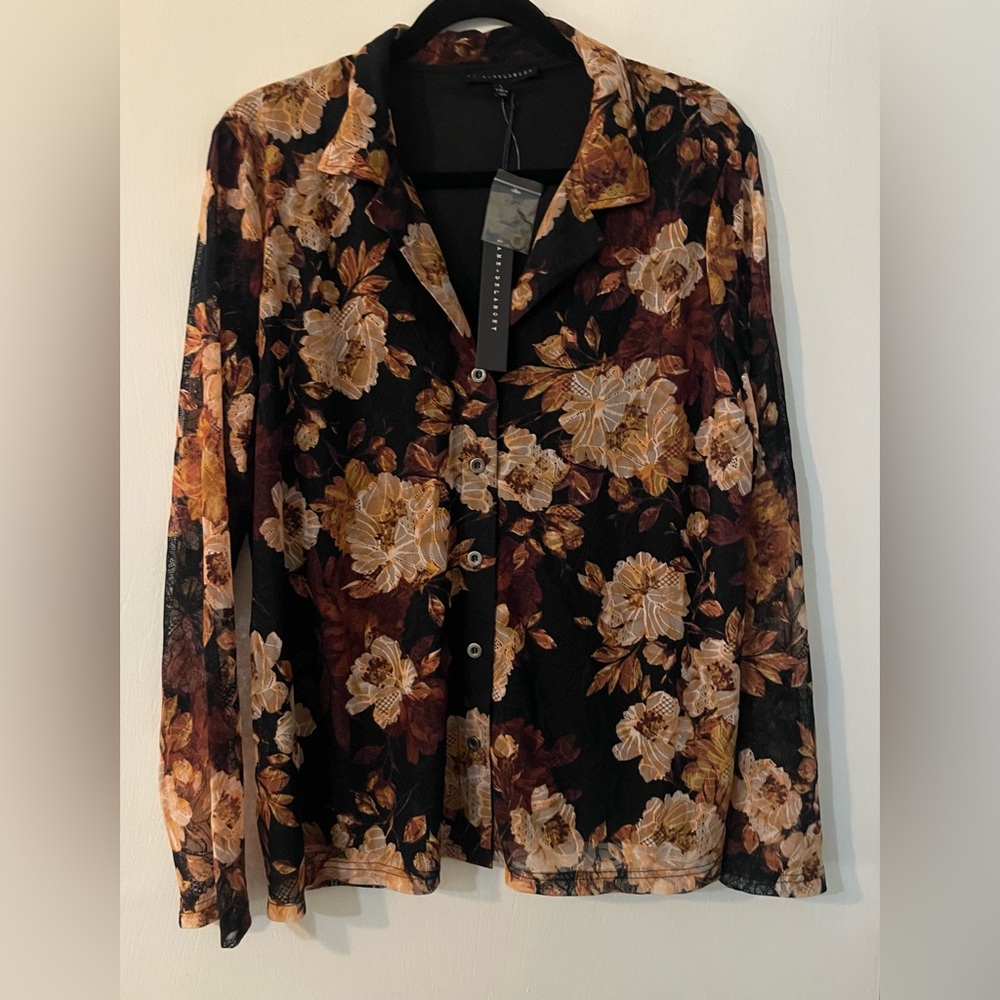 Jane & Delancey NWT Black, Tan & Cream Lace Top Blouse Collared Lined Shirt Sz L